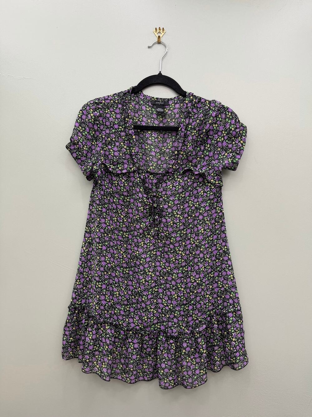 Confess Y2K Purple Floral Mini Dress S Ruffle Lizzie McGuire Fairy Grunge
